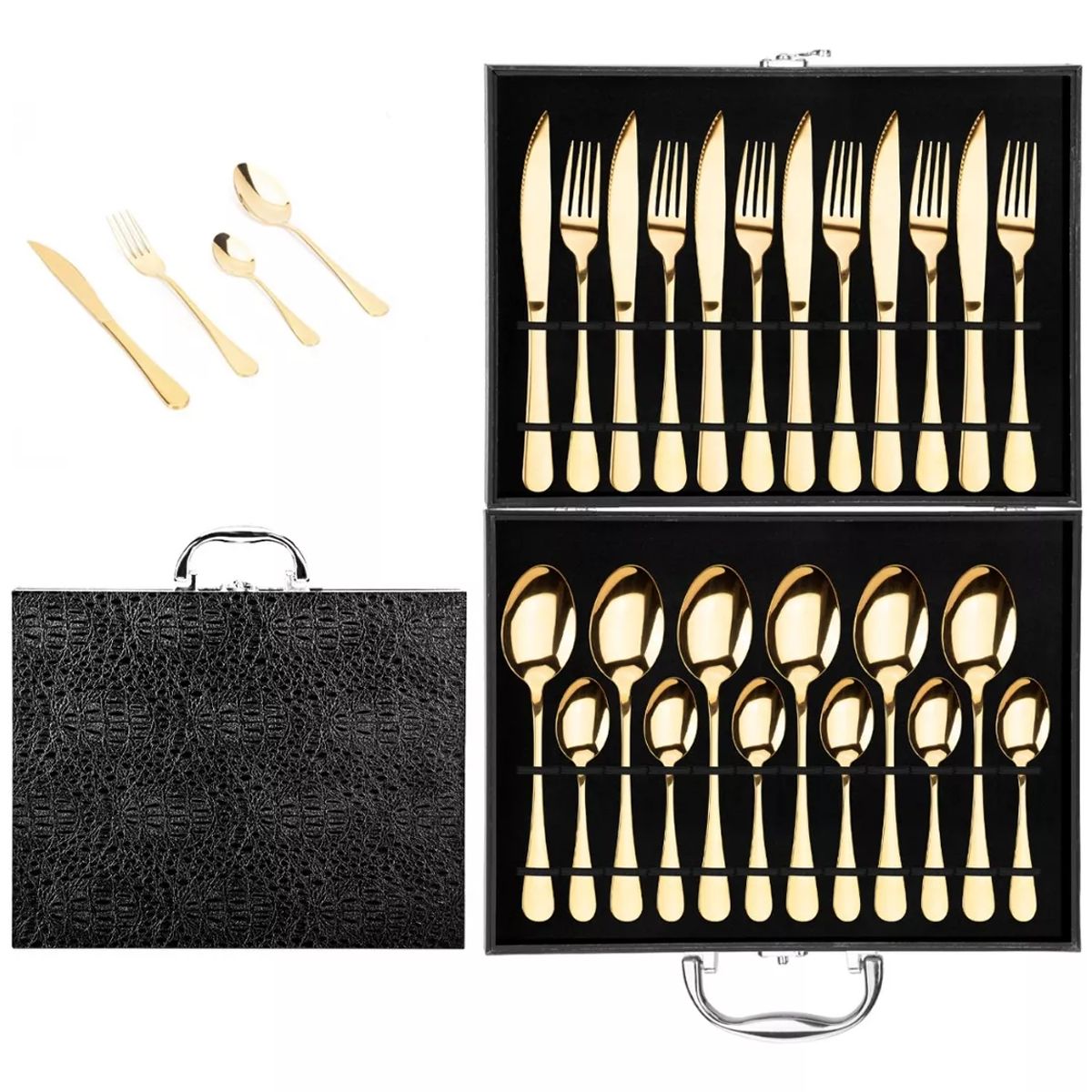 BLUEDREAMER - Juego de cubiertos de acero inoxidable dorado de 24 piezas