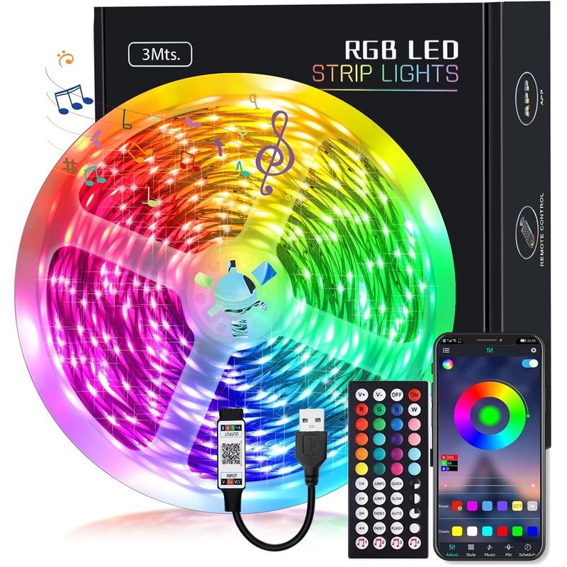 GENERICO - Tira Cinta Luces Led Rgb 3M App + Control Remoto + Conector