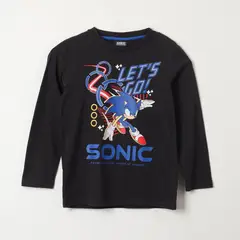 SONIC - Polera Manga Larga Niño Lets Go! Negro