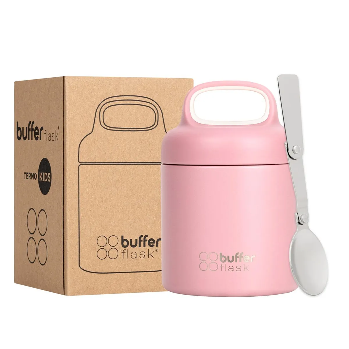 BUFFER FLASK - Termo Comida y Liquido Buffer Niño Niña 340ml + Cuchara - Rosa claro