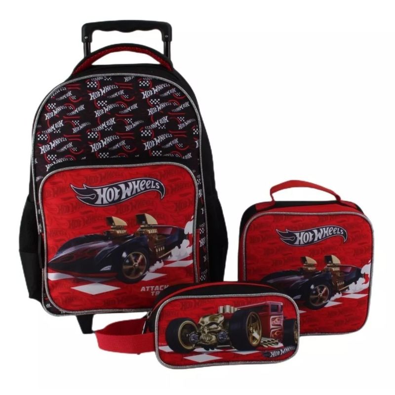 GENERICO - Pack 3 Piezas Mochila Escolar Infantil Ruedas Auto Rojo