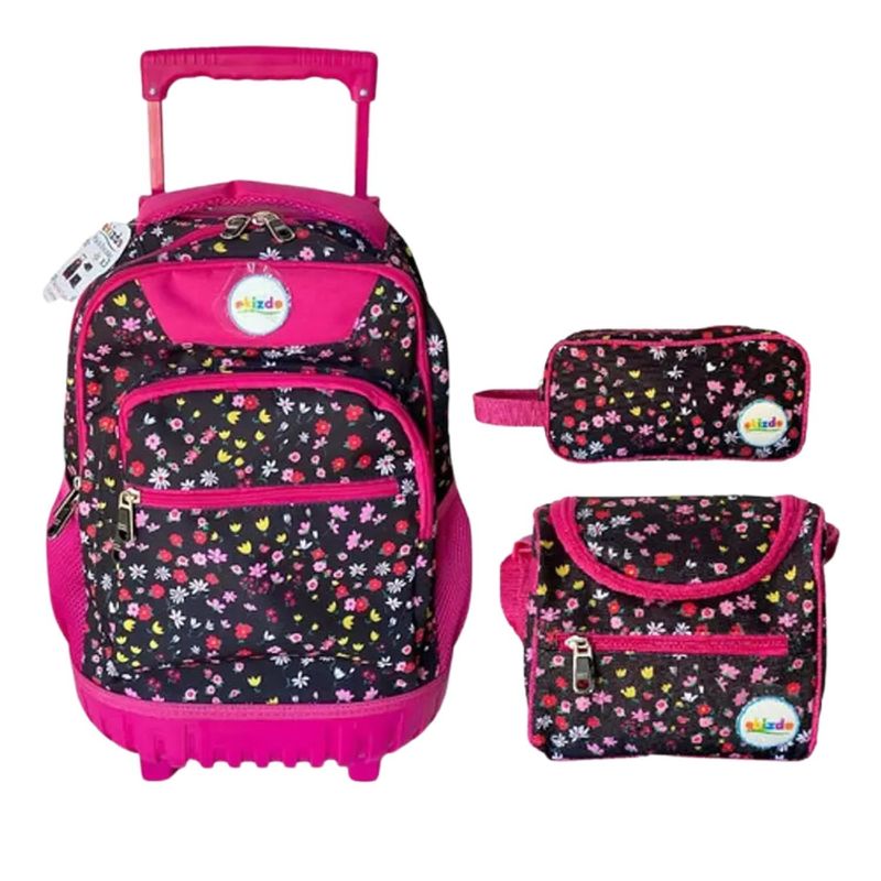 GENERICO - Pack 3 Piezas Mochila Escolar Ruedas Estuche Lonchera Flores