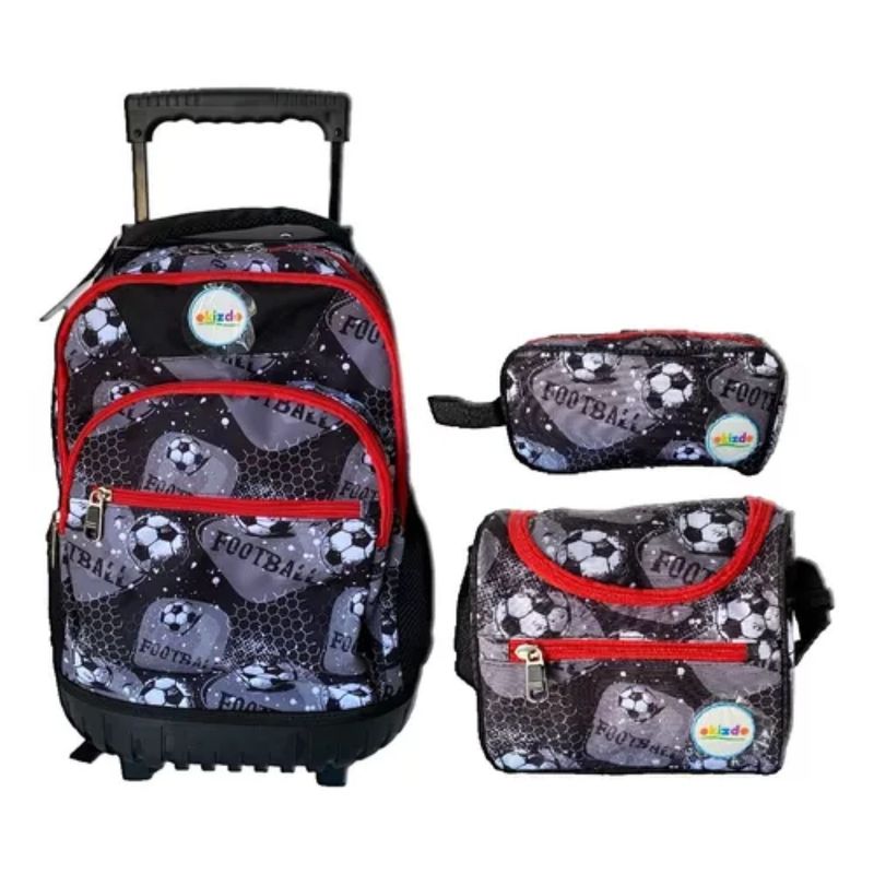 GENERICO - Pack 3 Piezas Mochila Escolar Ruedas Estuche Lonchera Fútbol