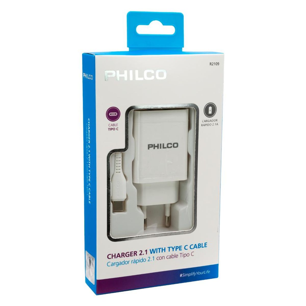 PHILCO - CARGADOR CELULAR 2.1 DOBLE USB /CABLE TIPO C BLANCO, PHILCO COLOR BLANCO
