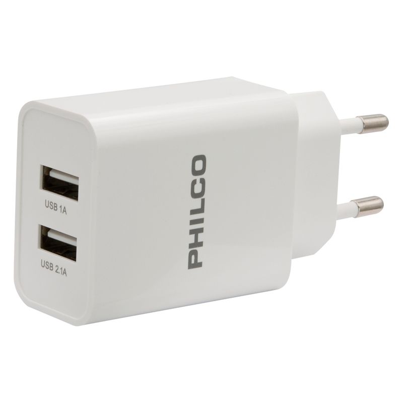 PHILCO - Cargador de Pared 21A Doble USB c Cable Tipo C Blanco R2109