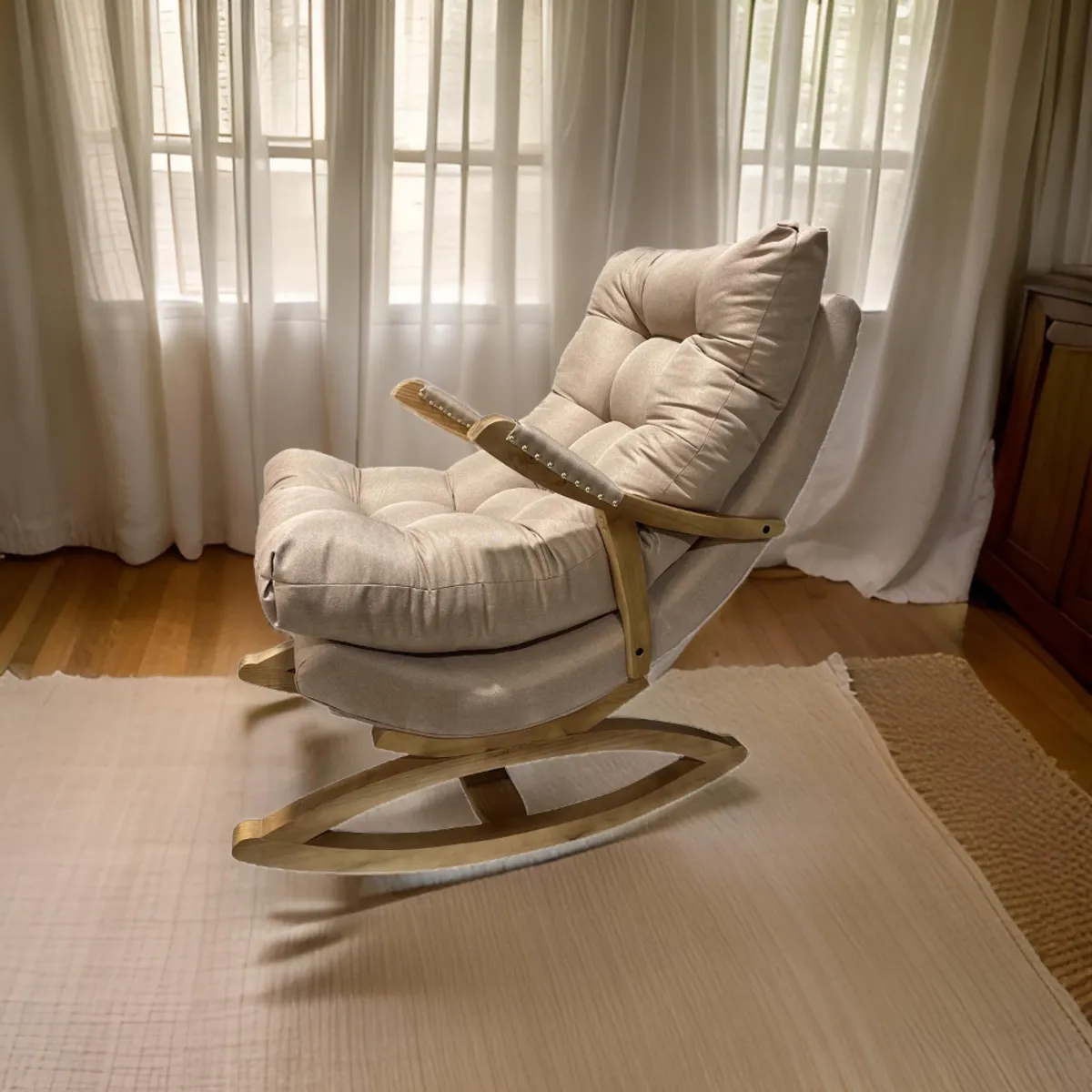 MUEBLES NEW - SILLA MECEDORA COQUETTE CON APOYA BRAZO BEIGE LINO.