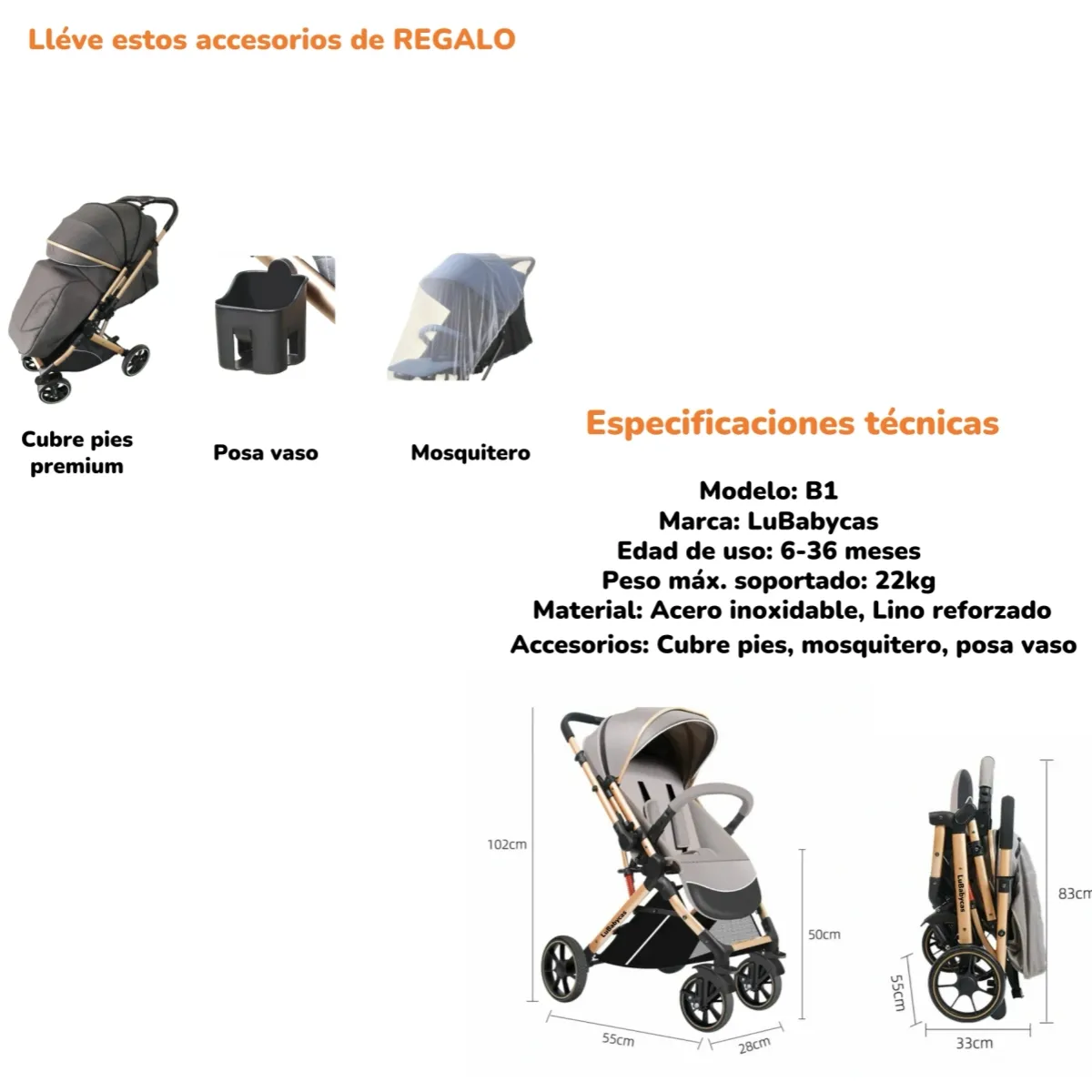 LUBABYCAS - Coche De Paseo Reversible Con Cubre Pies B1 Gris LuBabycas_