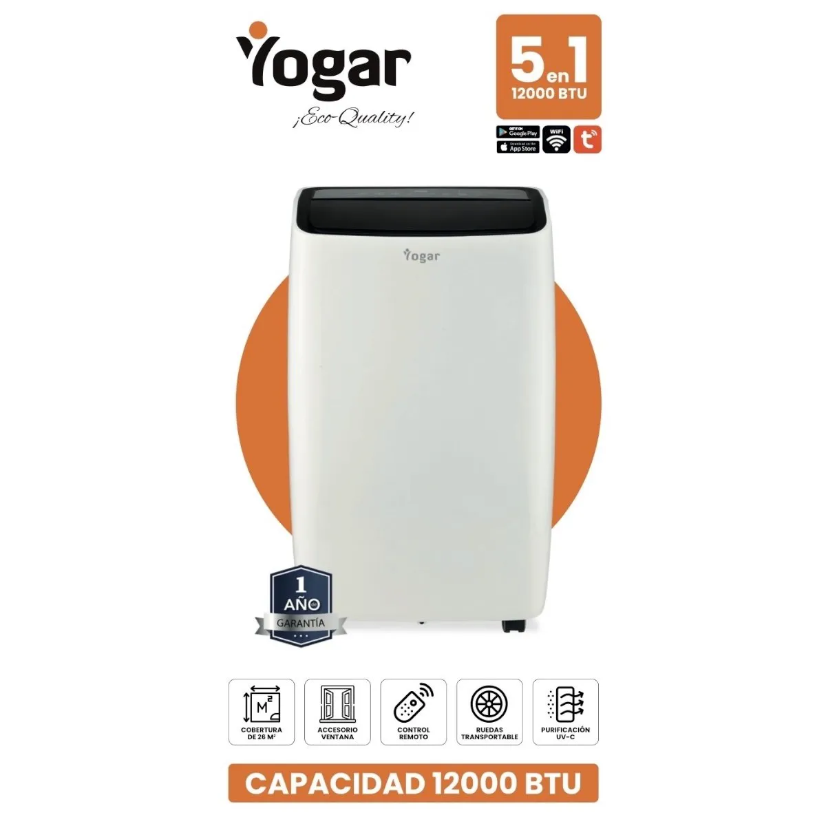 YOGAR - Aire Acondicionado Portátil WIFI 5en1 12000 Btu Frío Calor YOGAR