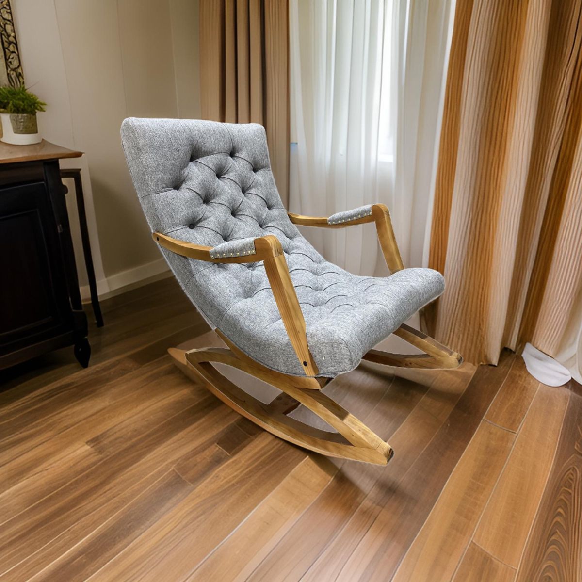 MUEBLES NEW - Silla Mecedora Capitone Gris Lino.