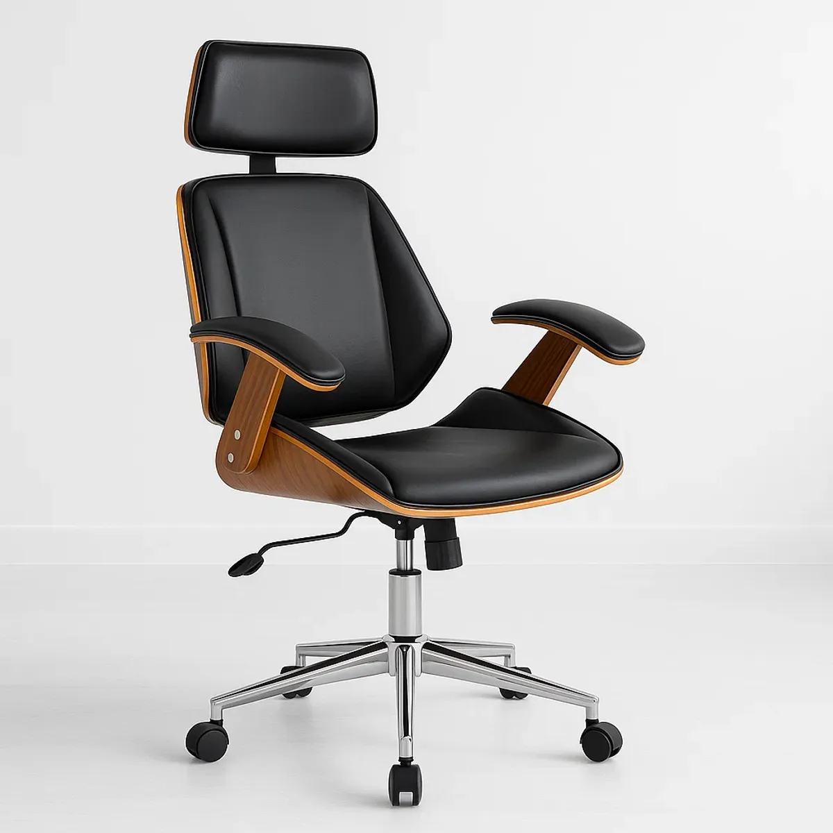 KLIK - Silla oficina cuero negra con apoyabrazos madera y respaldo cabeza