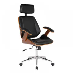 KLIK - Silla oficina cuero negra con apoyabrazos madera y respaldo cabeza