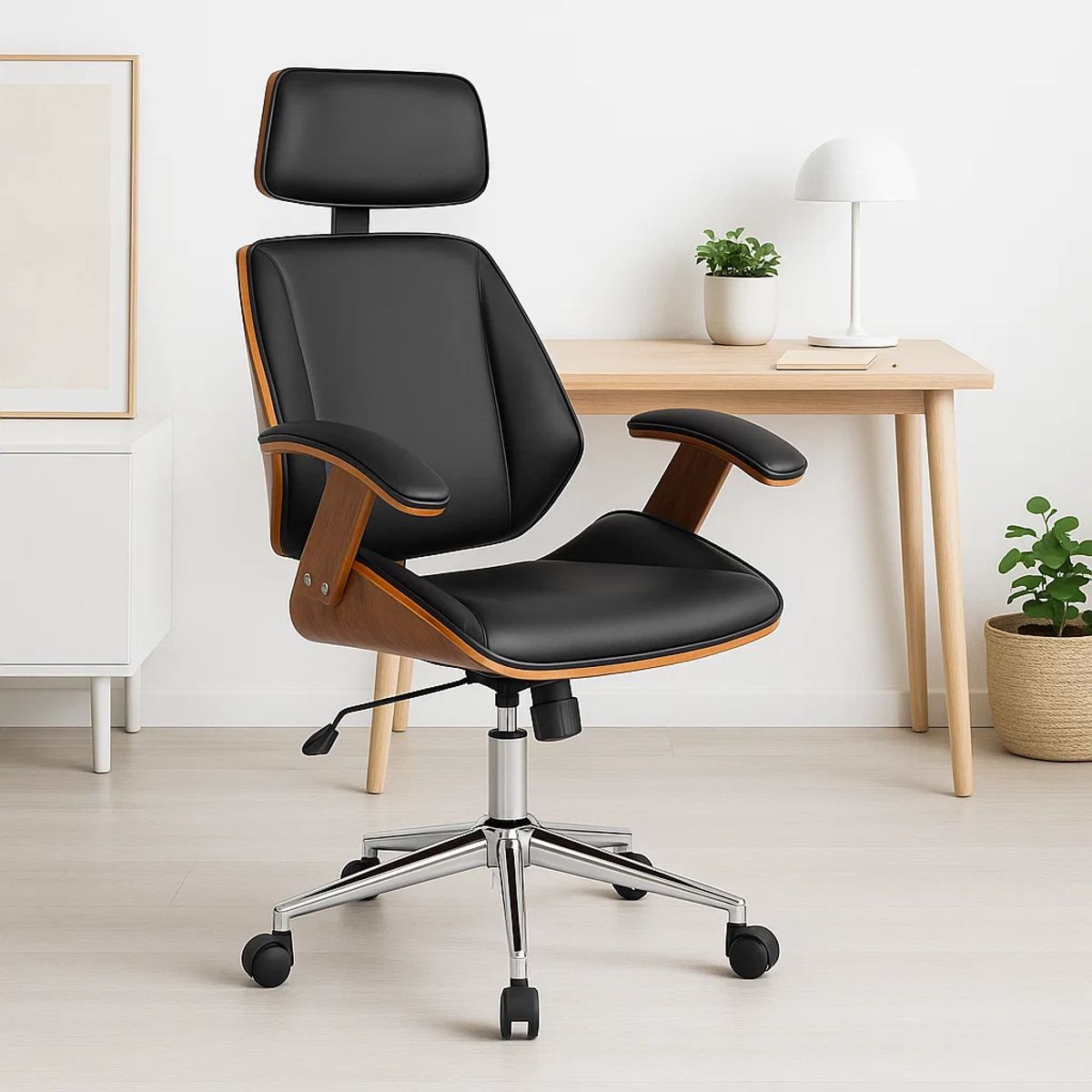 KLIK - Silla oficina cuero negra con apoyabrazos madera y respaldo cabeza