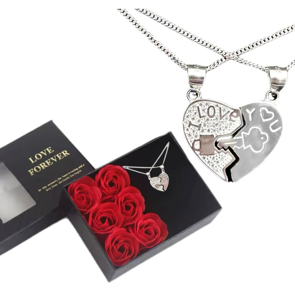 GENERICO - Set Dos Collares Pareja Plata Fina Corazón Caja Rosas Regalo