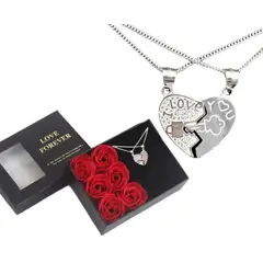 GENERICO - Set Dos Collares Pareja Plata Fina Corazón Caja Rosas Regalo
