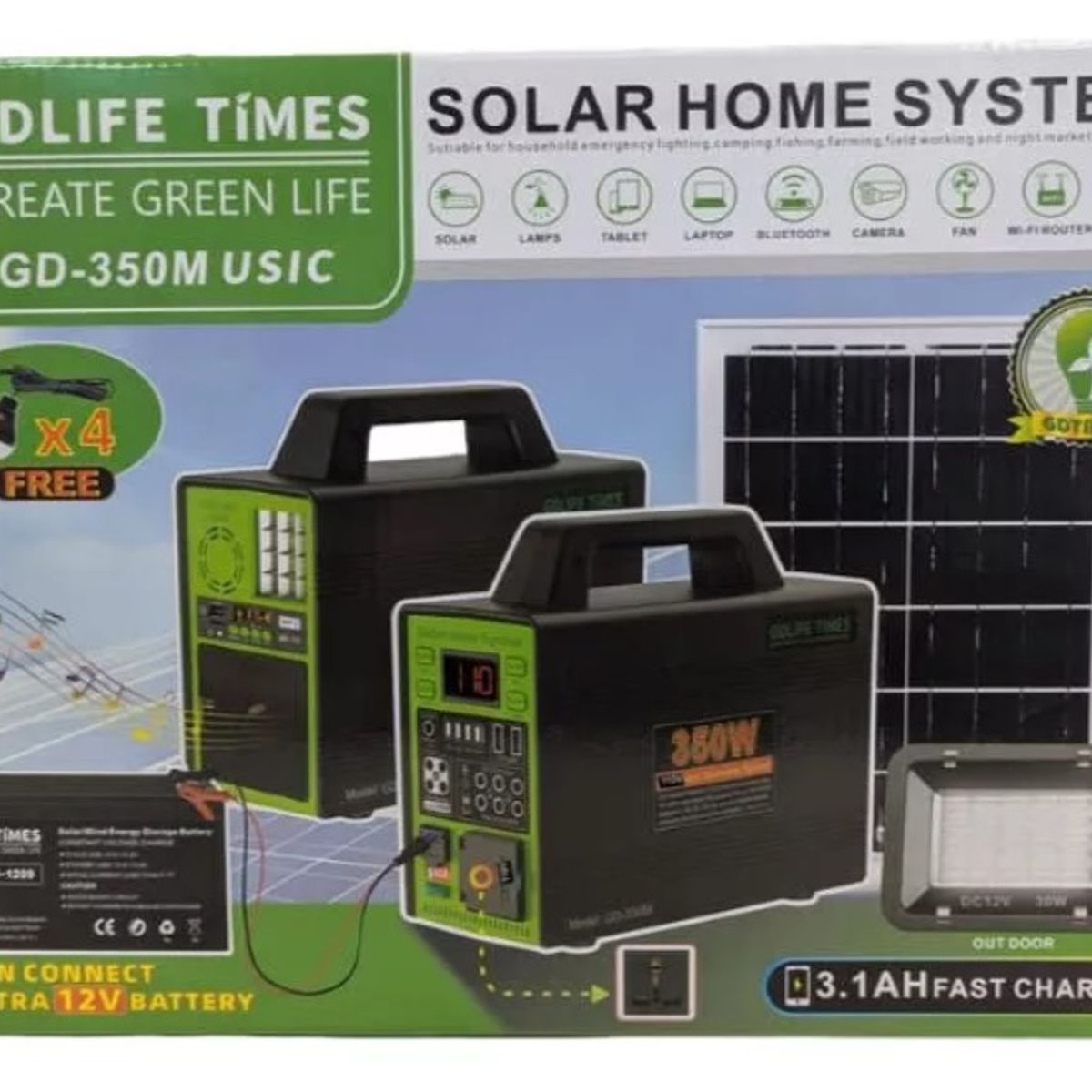 GENERICO - Generador Solar 350W 4 Ampolletas LED Bluetooth Panel Solar 75W