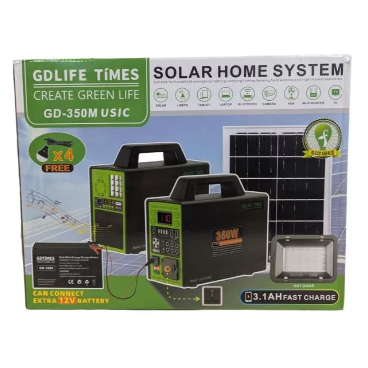 GENERICO - Generador Solar 350W 4 Ampolletas LED Bluetooth Panel Solar 75W