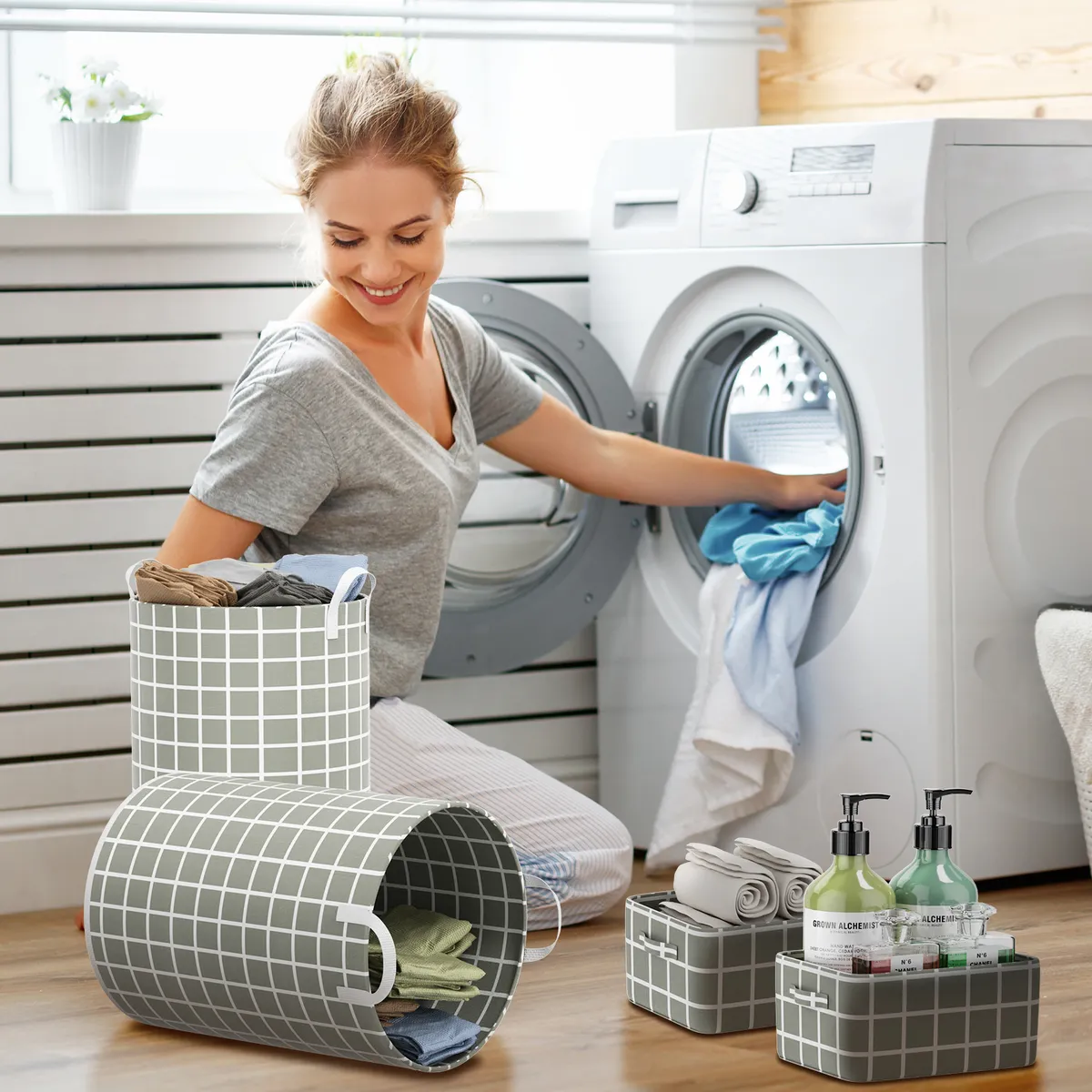 HALMAN - Juego De 4 Cestos Plegables Para Ropa Sucia Gris