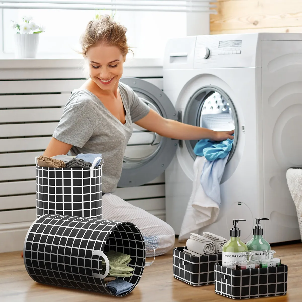 HALMAN - Juego de 4 cestos plegables para ropa sucia negro