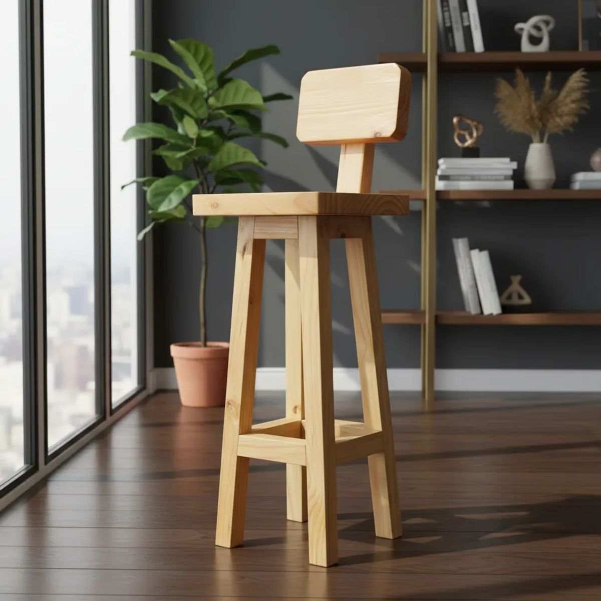 GENERICO - Piso O Taburete De Madera con respaldo Para Bar O Cocina vitrificado