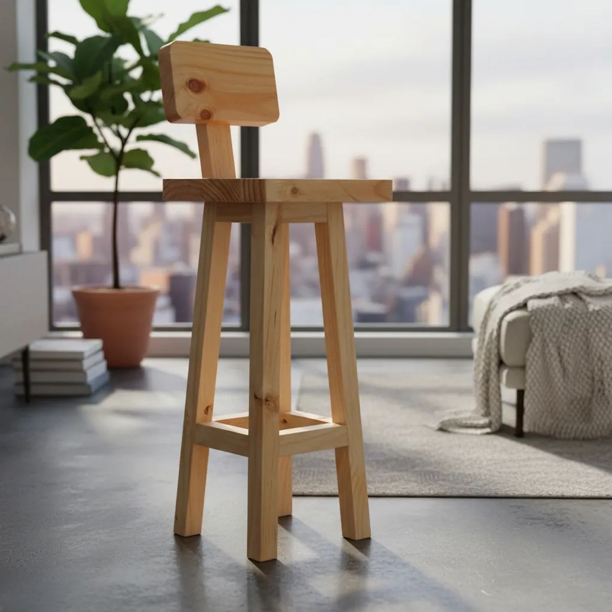 GENERICO - Piso O Taburete De Madera con respaldo Para Bar O Cocina vitrificado