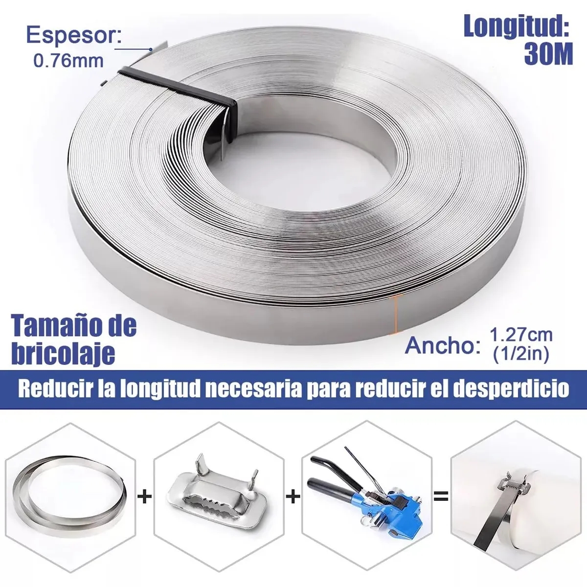 KUANGYE - Rollo De Flejado Cinta O Fleje Acero Inoxidable 1/2 X 30 Mts Flejado