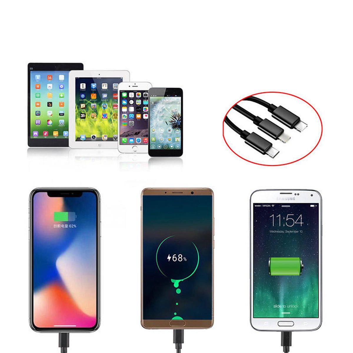 GENERICO - Cargador De Celular Auto 4 en 1 2.1 Aamperes 1 USB y 3 CABLES Carga Rapida Smarprhone