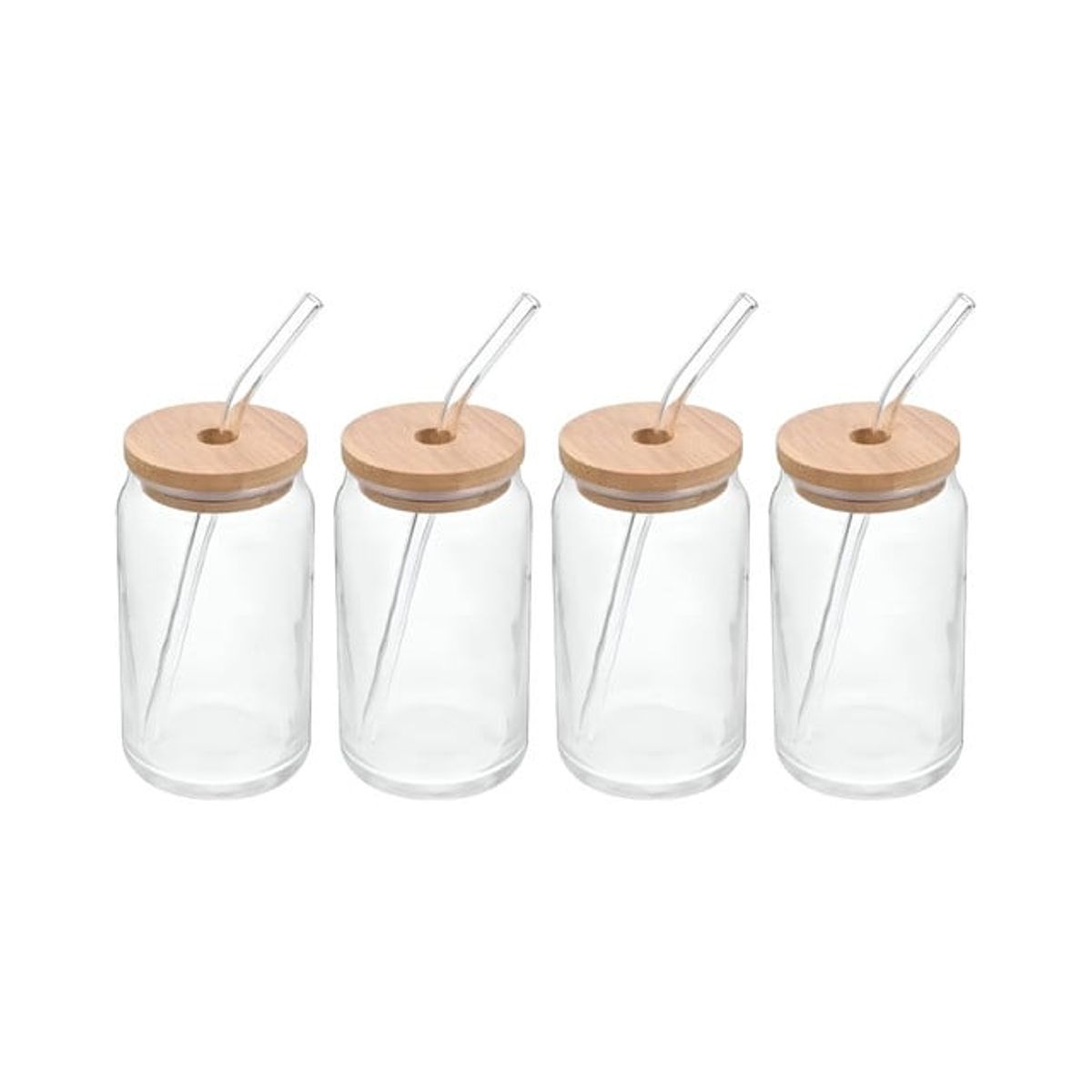 GENERICO - Pack de 4 Vasos de Vidrio con Tapa de Bambú y Bombilla 550ml