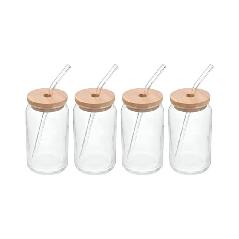GENERICO - Pack de 4 Vasos de Vidrio con Tapa de Bambú y Bombilla 550ml