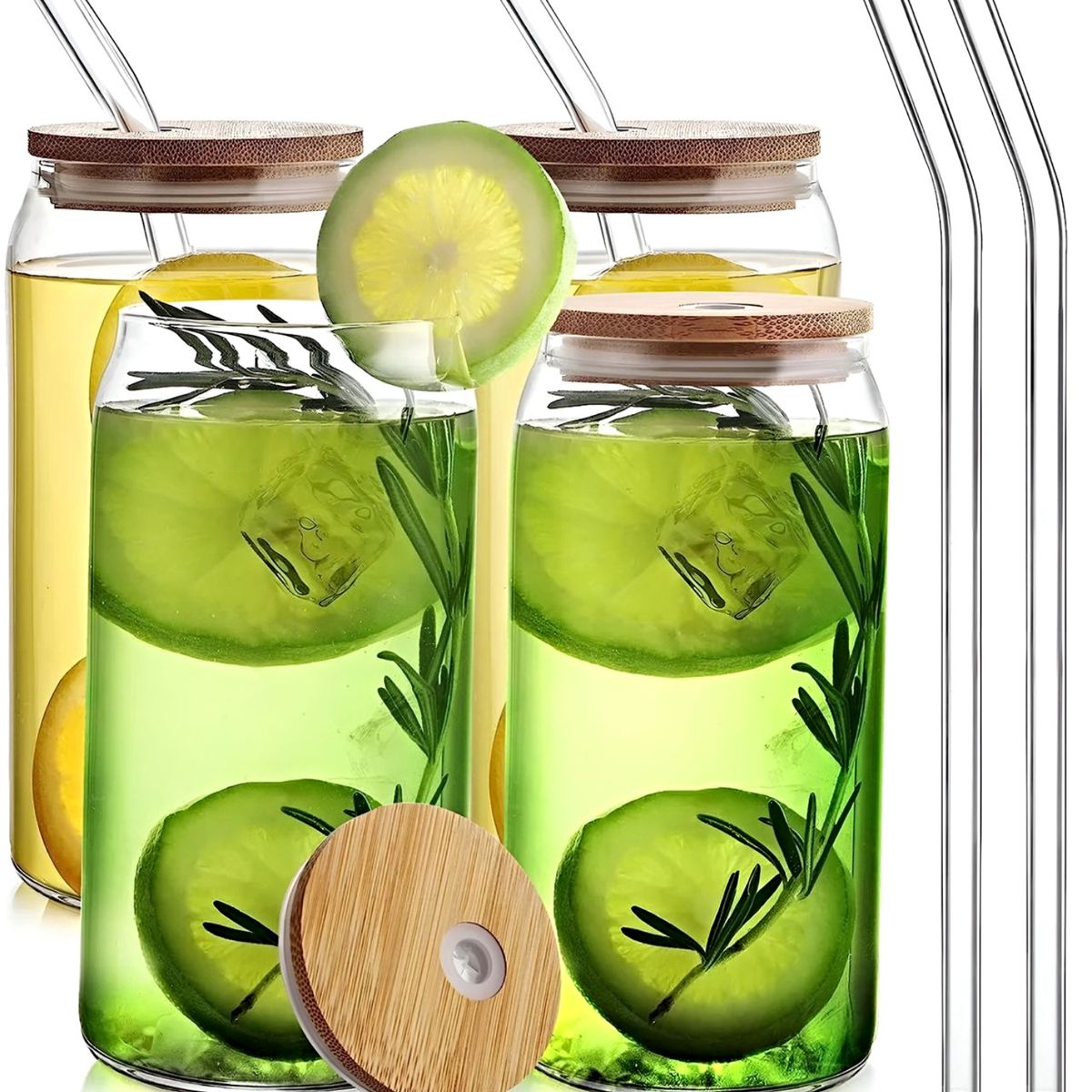 GENERICO - Pack de 4 Vasos de Vidrio con Tapa de Bambú y Bombilla 550ml