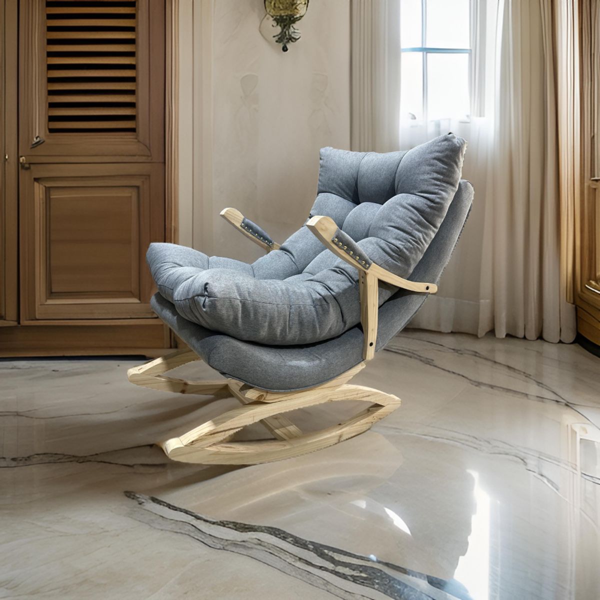 MUEBLES NEW - SILLA MECEDORA COQUETTE CON APOYA BRAZO GRIS LINO.