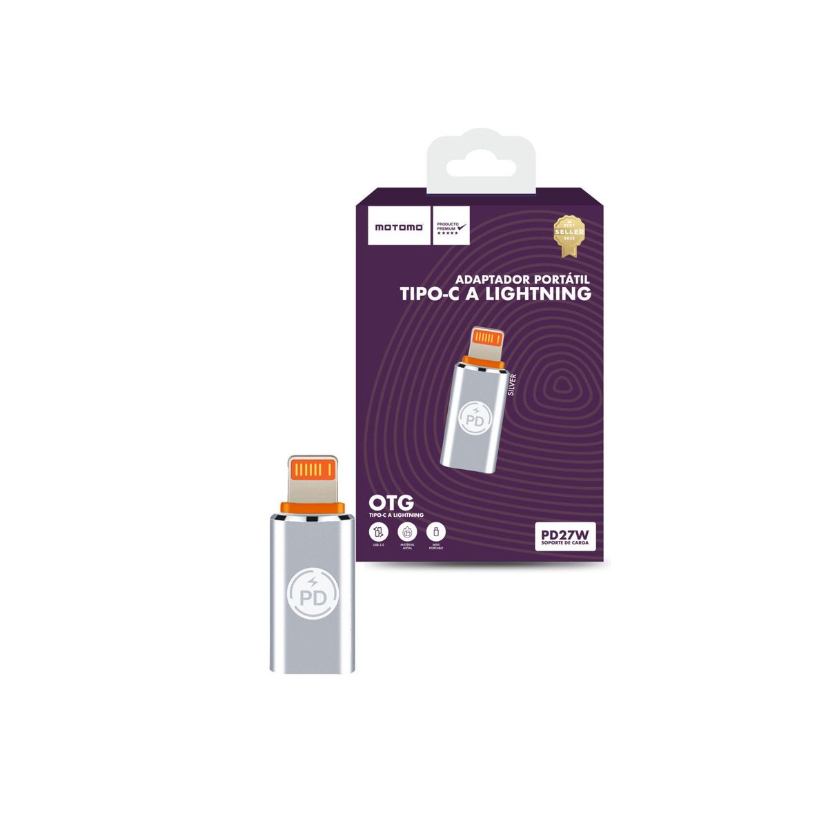 MOTOMO - Adaptador OTG Tipo-C a Lightning 27W Color Plateado
