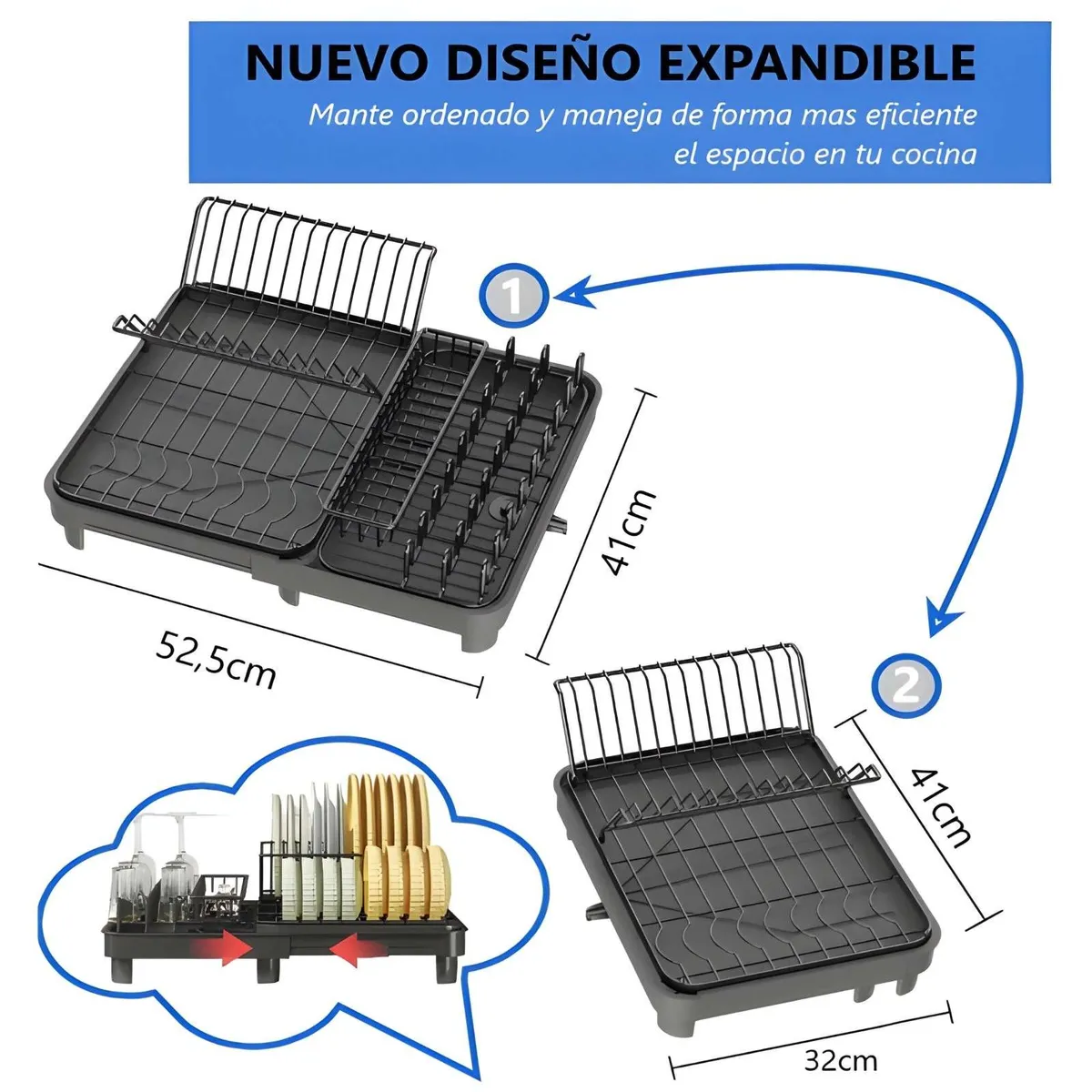 GENERICO - Secaplatos Escurridor Cocina Acero Inoxidable Plegable Loza