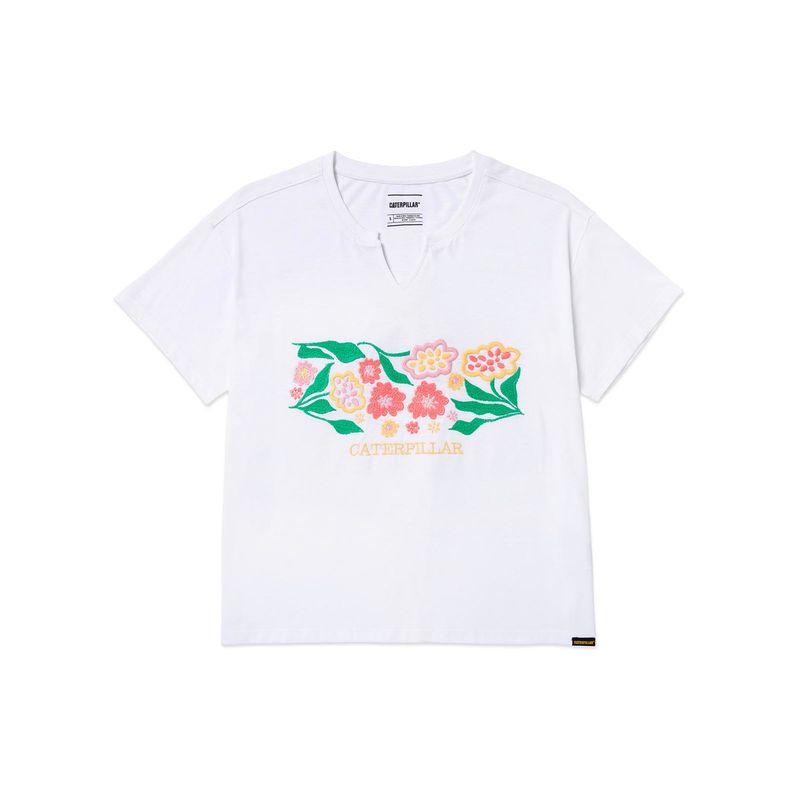 CAT - Polera Notch Ne Embroidered Floral 3 Mujer Blanca CAT