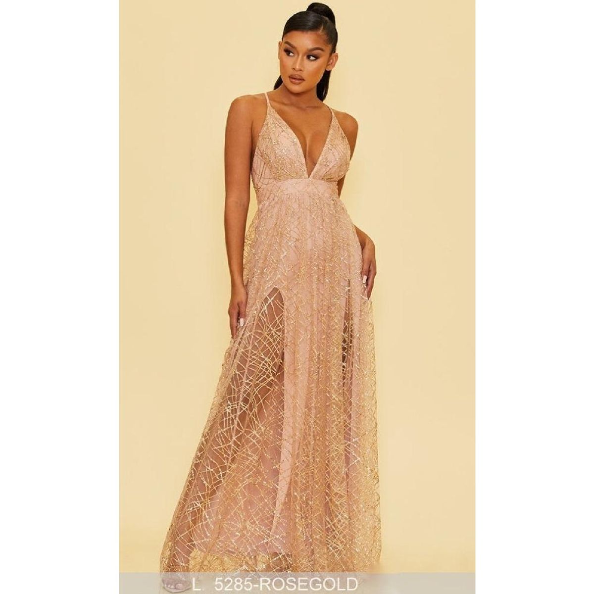 UNIQUE - VESTIDO DE FIESTA LARGO L5285 ORO ROSADO - Rosa