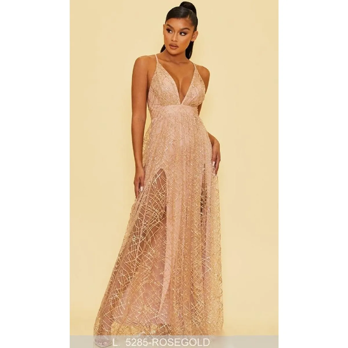 UNIQUE - VESTIDO DE FIESTA LARGO L5285 ORO ROSADO - Rosa