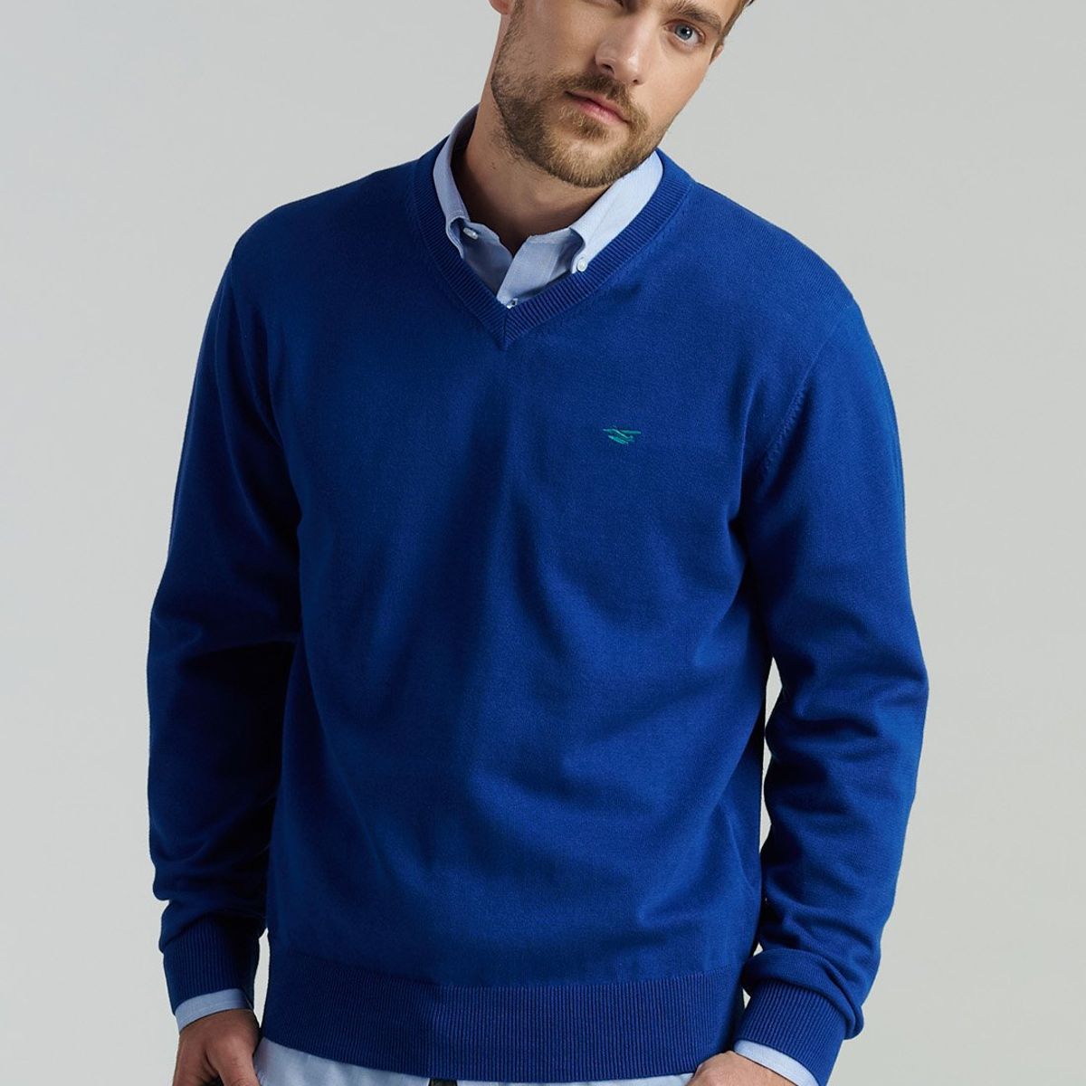 FEROUCH - Sweater V Neck Solido F Smart Casual Azul Ferouch