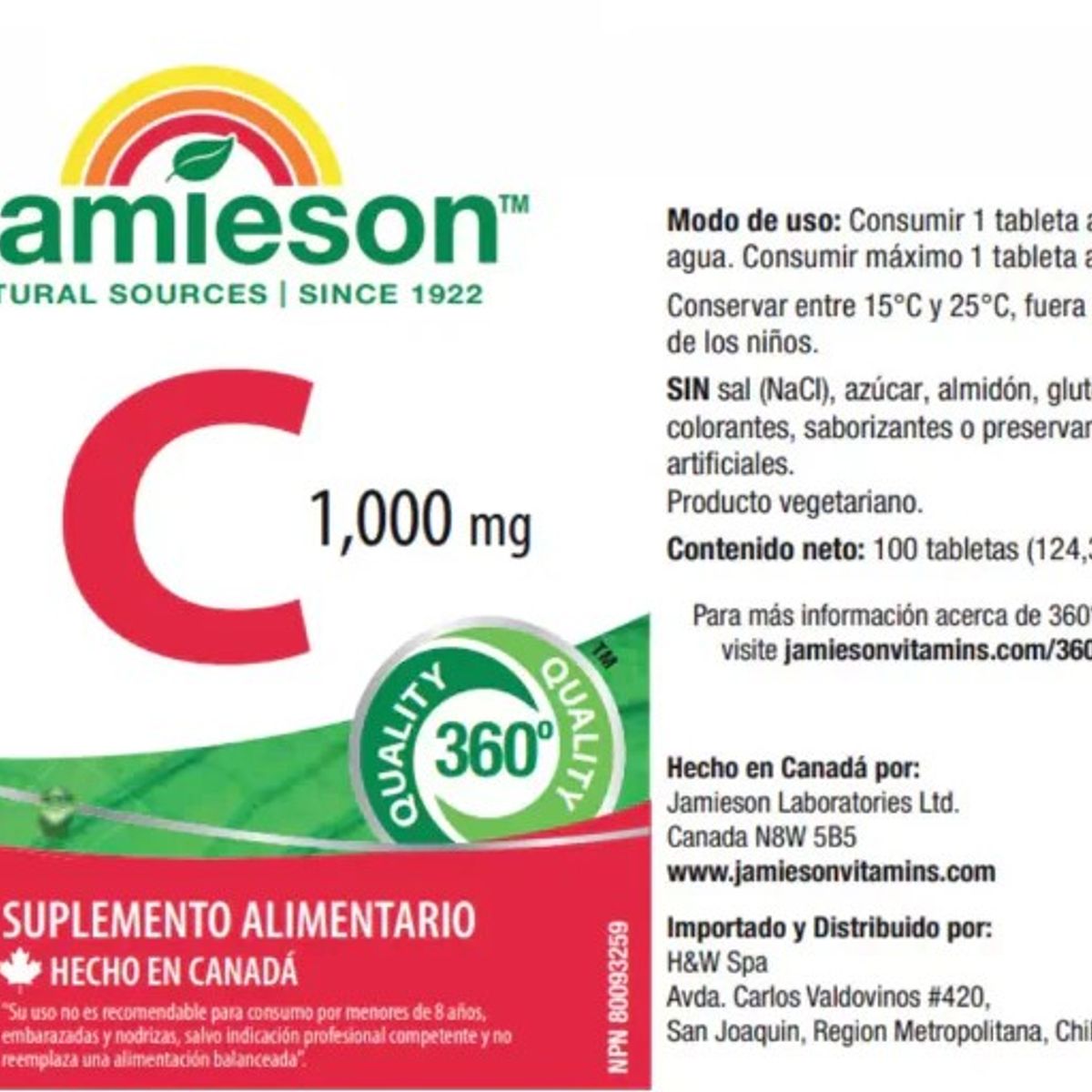 JAMESON - Vitamina C Jamieson 1000mg 100 Tabletas