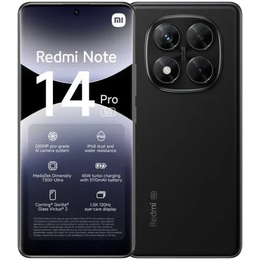 Redmi Note 14 Pro 5G  8GB RAM+ 256GB Resistente agua IP68 Camara AI -Midnight Black