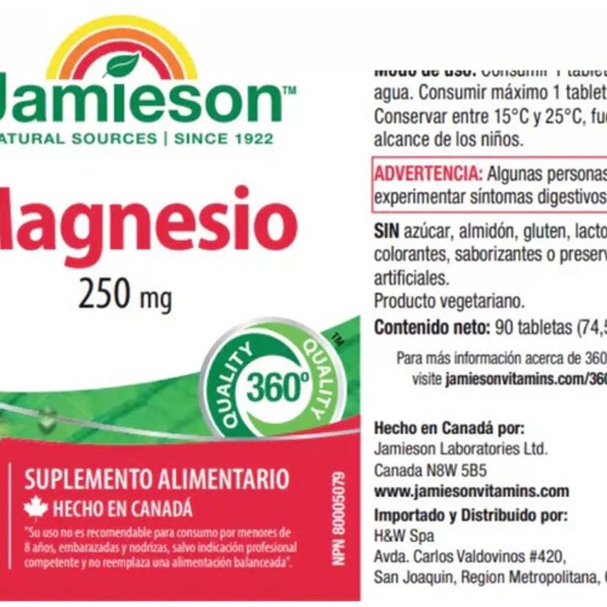 JAMESON - Magnesio Ultra Fuerte Jamieson 250mg 90 Tabletas