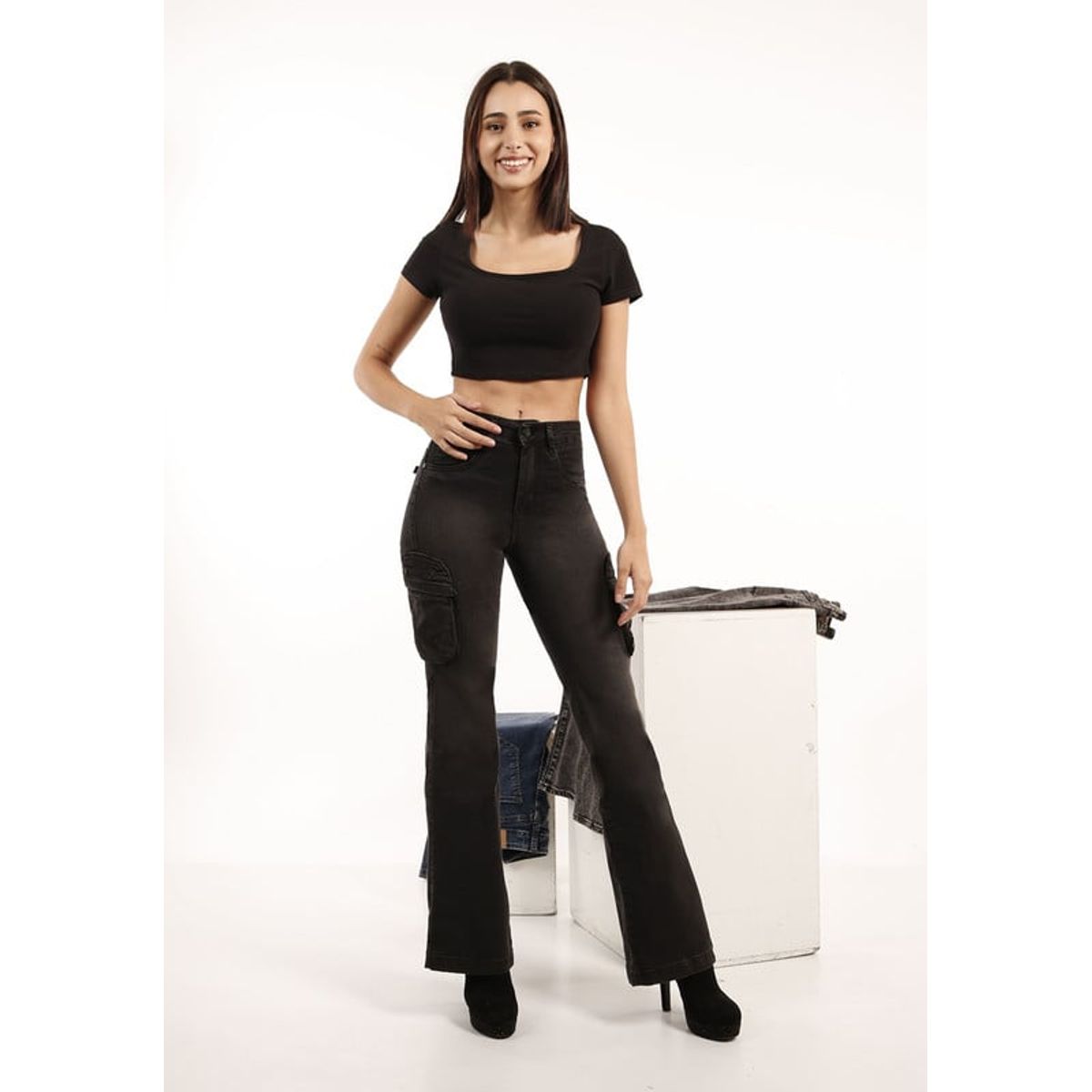 TENTATION - Jeans Wide Leg Bio Paño Militar Black Tentation