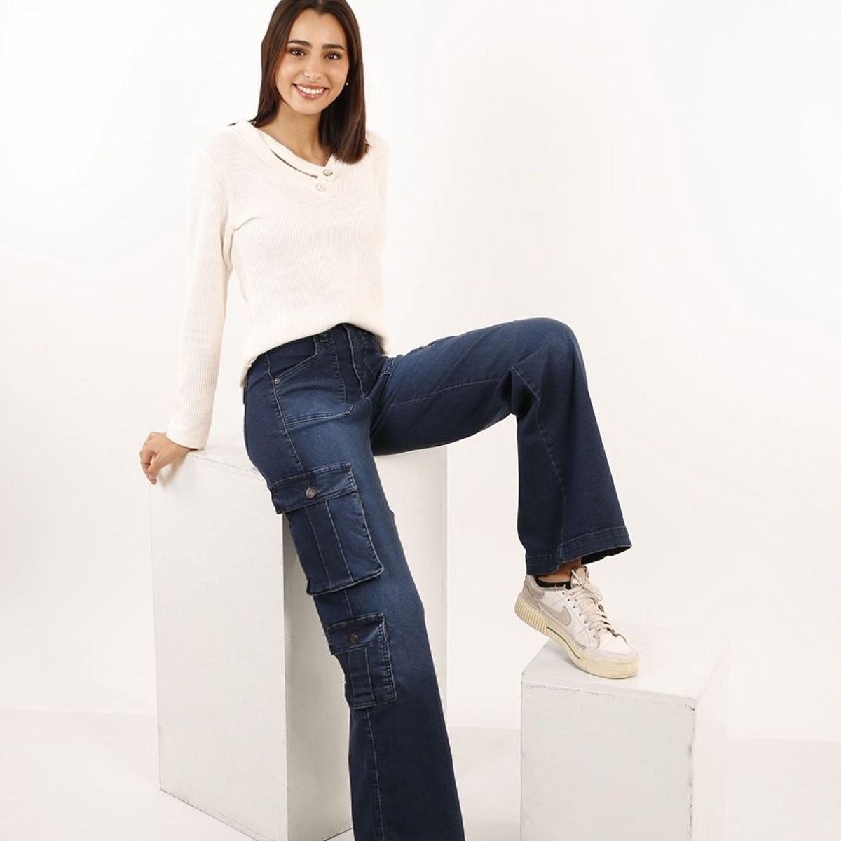 TENTATION - Jeans Cargo Bio Focalizado Azul Tentation