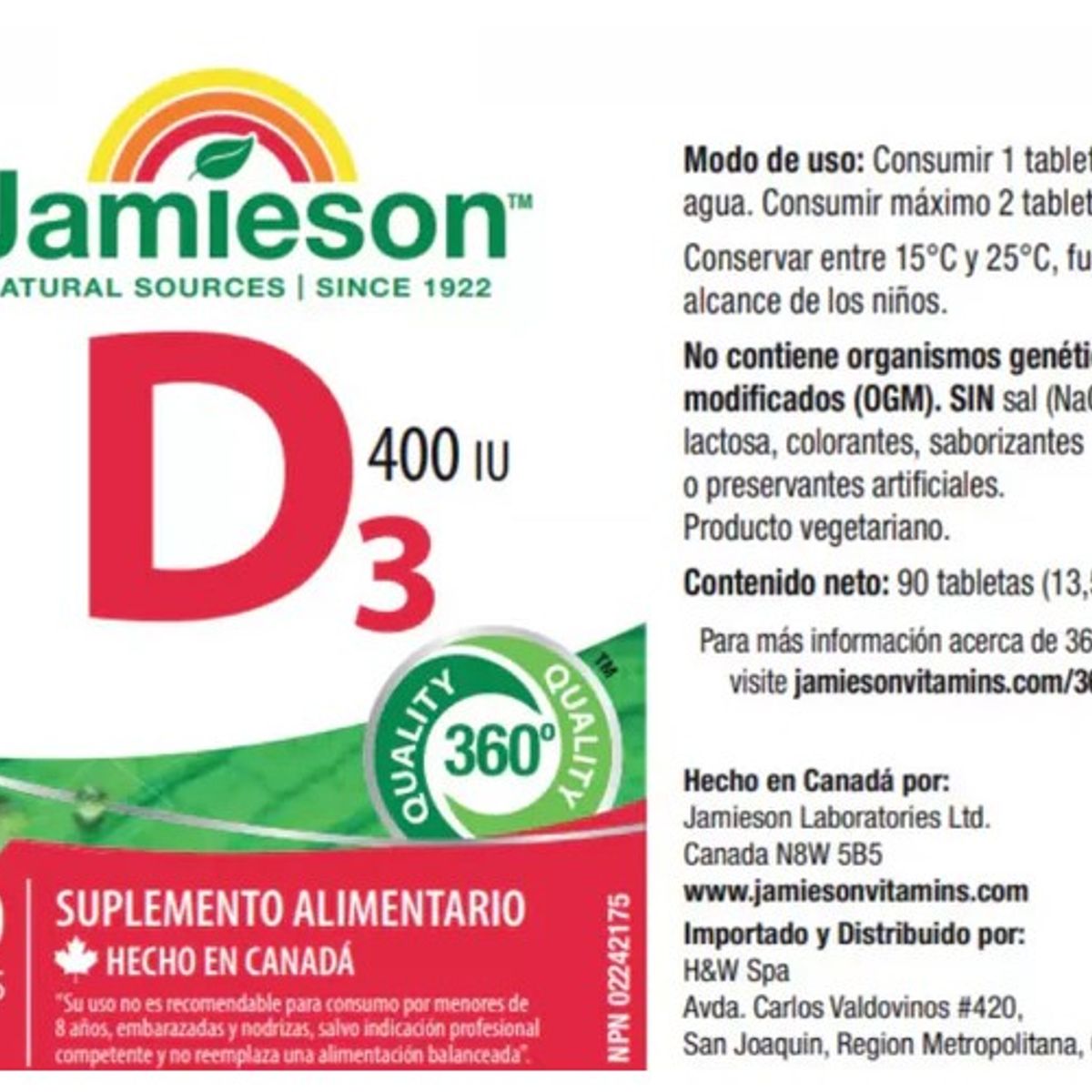 JAMESON - Vitamina D3 Jamieson 400ui 90 Tabletas