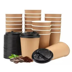 PASTELERIUS - 50 Vaso Kraft Vasos Para Cafe Vaso Papel Kraft C/tapa 12oz