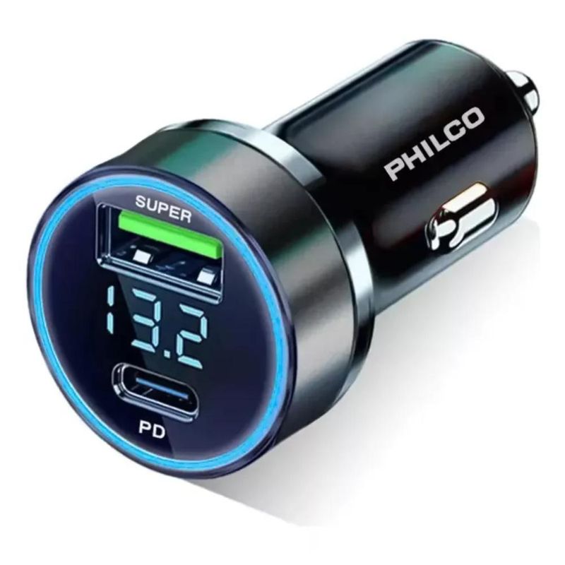 PHILCO - CARGADOR AUTO QC30 USB CON PANT LED PHILCO