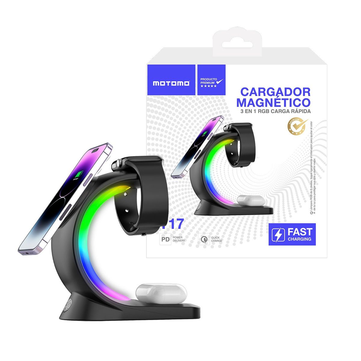 MOTOMO - Stand de Carga Inalámbrica Motomo T17, 15W, 3 en 1