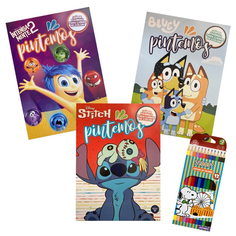 VERTICE - Pack libros Pintemos Intensamente +Bluey + Stitch + lápices