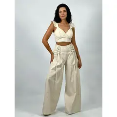 ENIGMATICA BOUTIQUE - Conjunto de Lino Top y Pantalón - Beige - Único