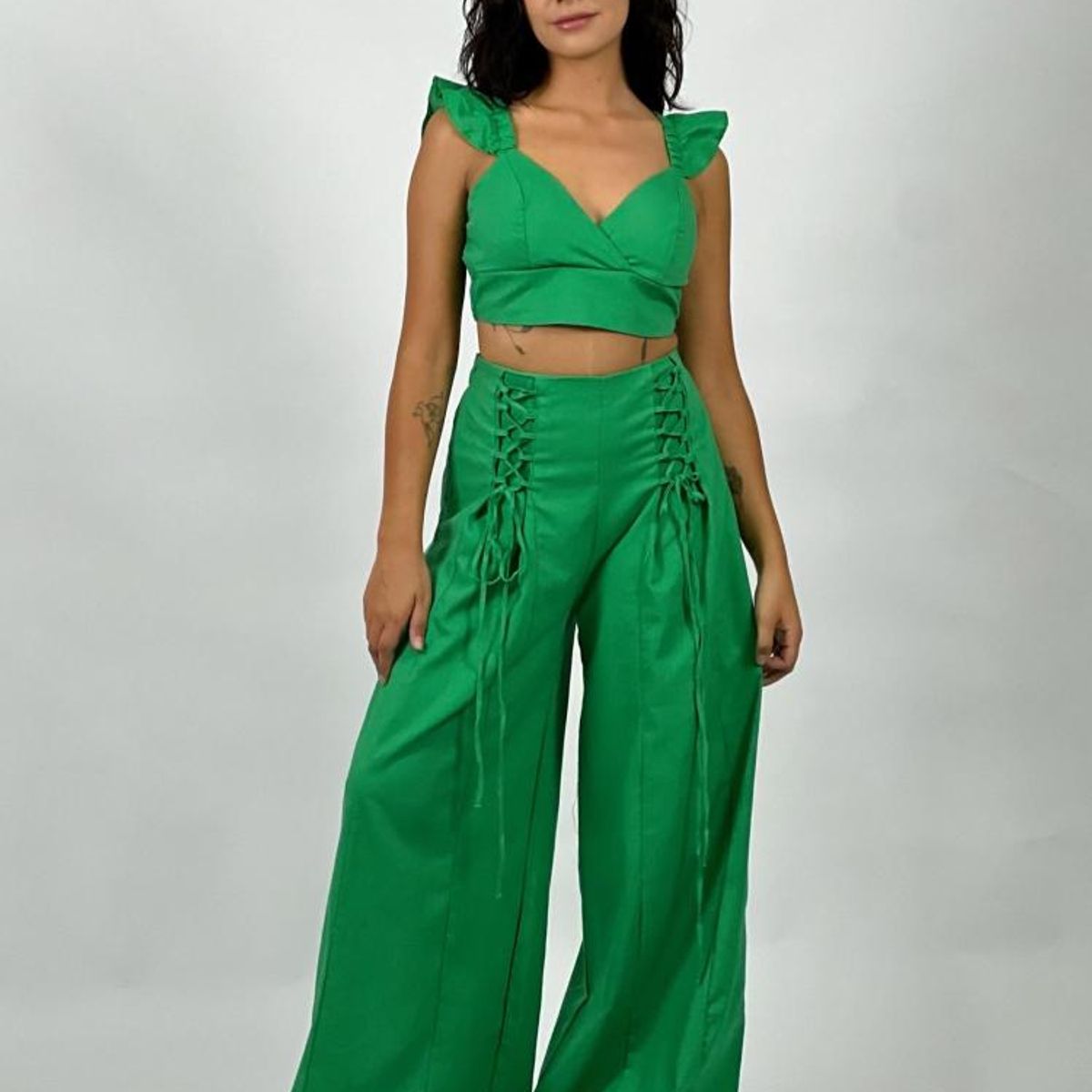 ENIGMATICA BOUTIQUE - Conjunto de Lino Top y Pantalón - Beige - Único