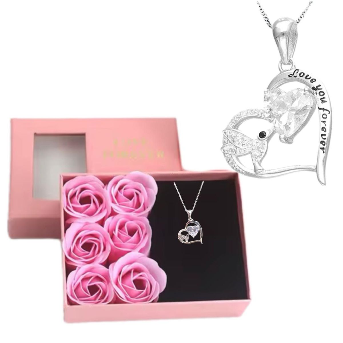 GENERICO - Set Collar Plata te amo Corazón colibri caja Rosas Regalo San Valentin