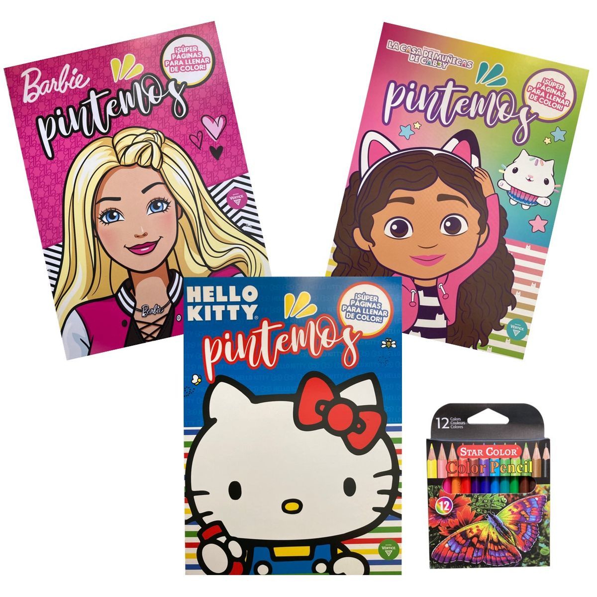 VERTICE - Pack libros colorear Barbie + Gabby + Hello Kitty + lápices
